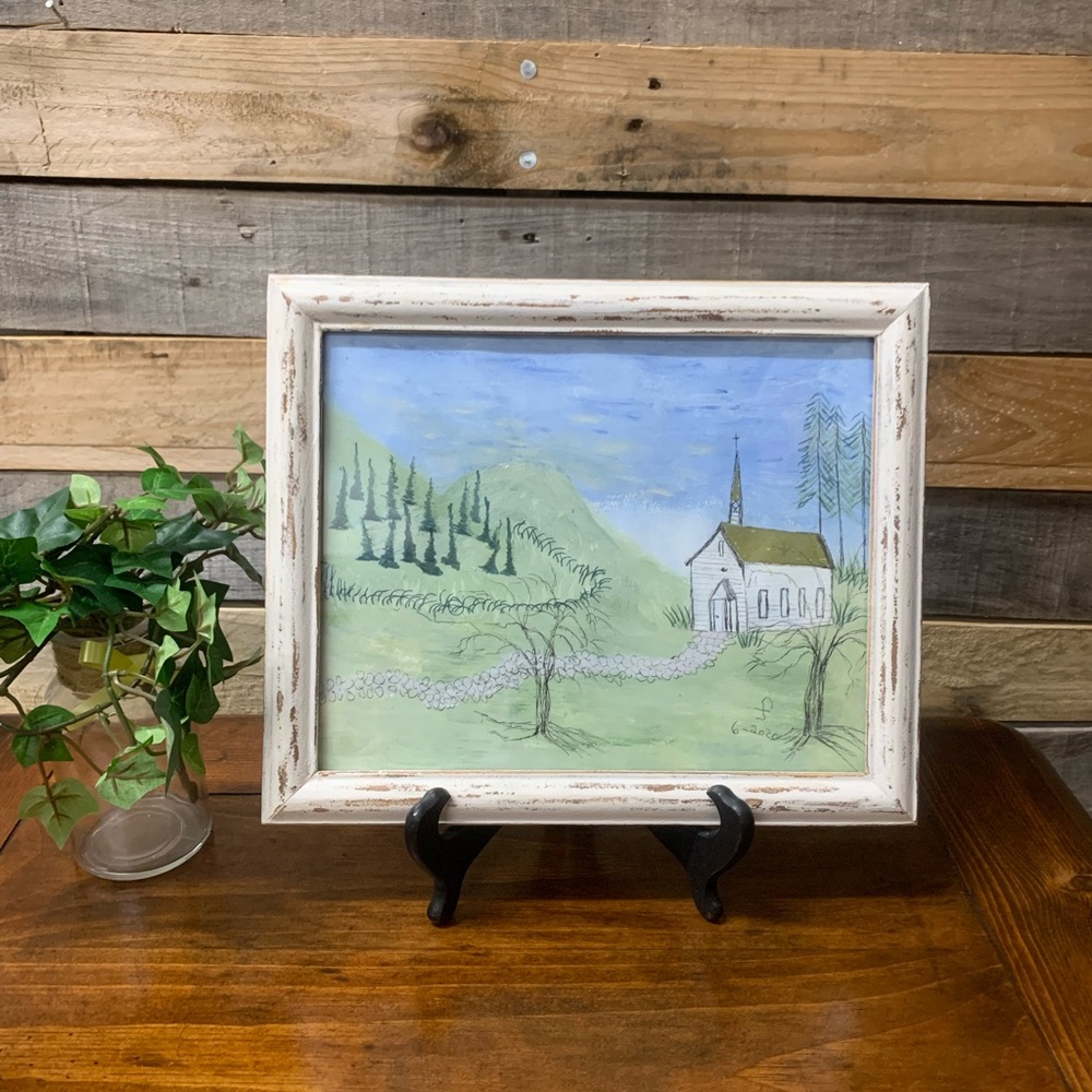 Rustic Hand-Painted Church Picture by Local 90 Yr Old NC Artist
